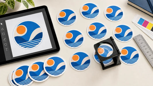 Pegatinas individuales azules y naranjas junto a un diseño digital, muestras CMYK, una regla y una lupa sobre una mesa de diseño