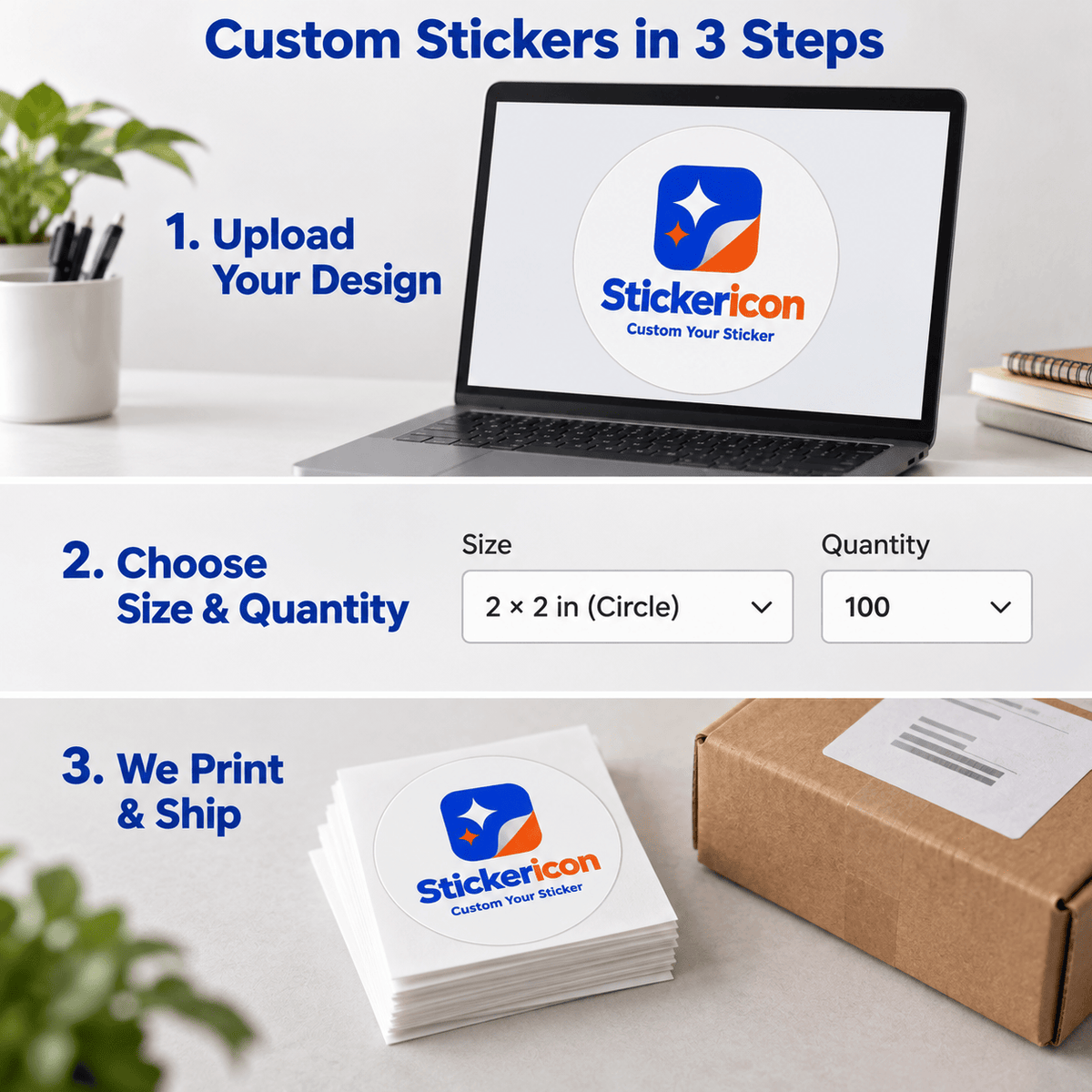 Cómo pedir pegatinas personalizadas: sube tu diseño, elige tamaño y cantidad y nosotros imprimimos y enviamos