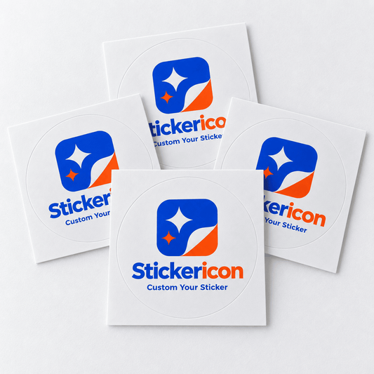 Round custom logo stickers with Stickericon branding on individual square backing sheets