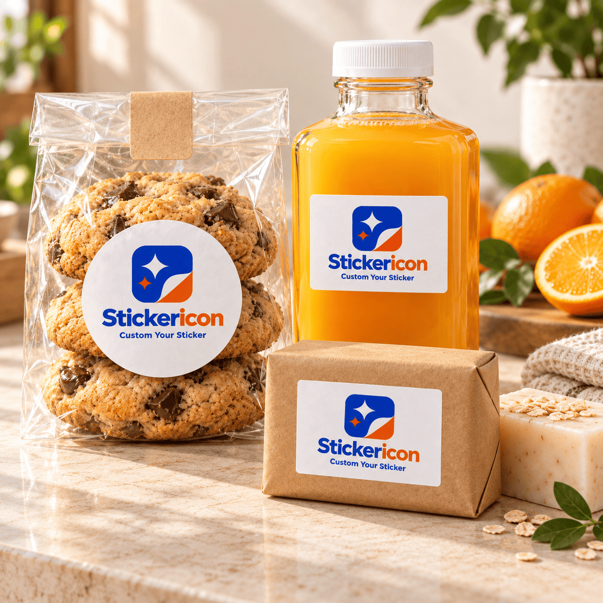 Pegatinas con logotipo en una bolsa de galletas, una botella de zumo y una caja kraft para embalajes de marca